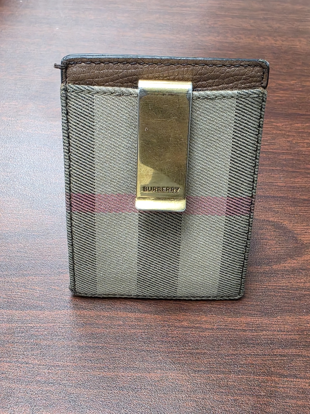 Burberry Money Clip Card Holder Wallet - Leather and Check Canvas  4.25"x3"